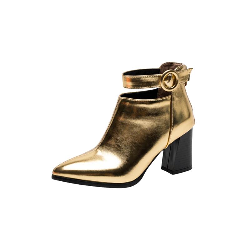 FOREADA Damen Stiefeletten Spitzzehe Dicke Hohe Absätze Schnalle Reißverschluss Metallic Kurze Stiefel Damen Mode Schuhe Herbst Winter