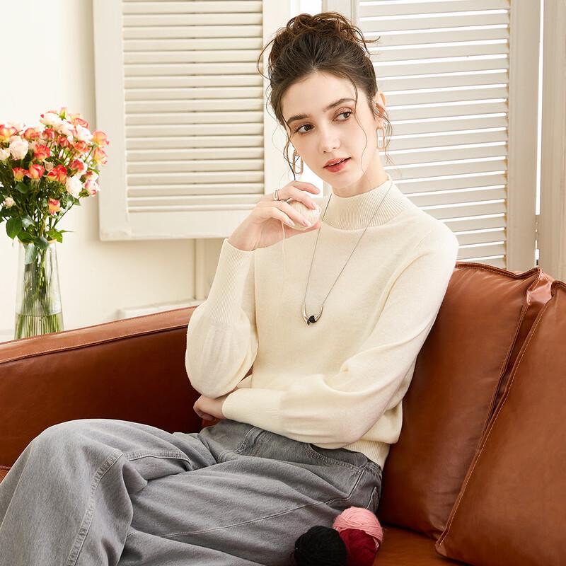 TUHUANG Women's Pure Wool Seamless Half-High Neck Sweater