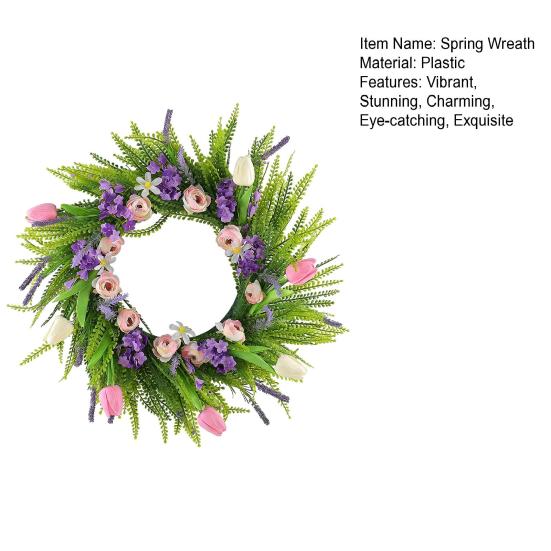 Spring Summer Tulip Wreath for Front Door Artificial Floral Greenery Wreath with Ferns Wildflowers for Porch Wall Farmhouse Wedding Decor