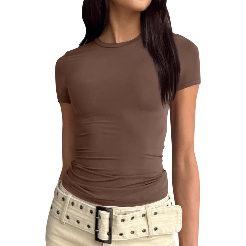 Kadın Kısa Kollu Katı Seksi Sevimli Tee Slim Fit Sıkı Kırpma Üst T Gömlek