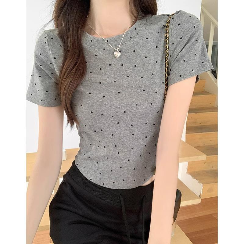 American retro white round neck polka dot short-sleeved T-shirt for women, casual, versatile, slim, sweet, short top for summer