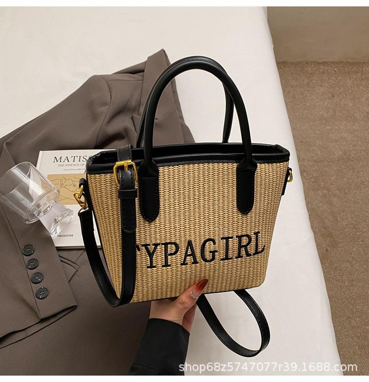 Straw letter large capacity bag 2025 shoulder large bag women s bag new beach woven summer Korean version bucket bag
