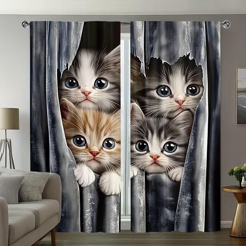 2 Pcs Many Cute Cats Print Curtains  Suitable for Bedroom  Living Room Kitchen Decoration  Home Decoration   Window Curtain