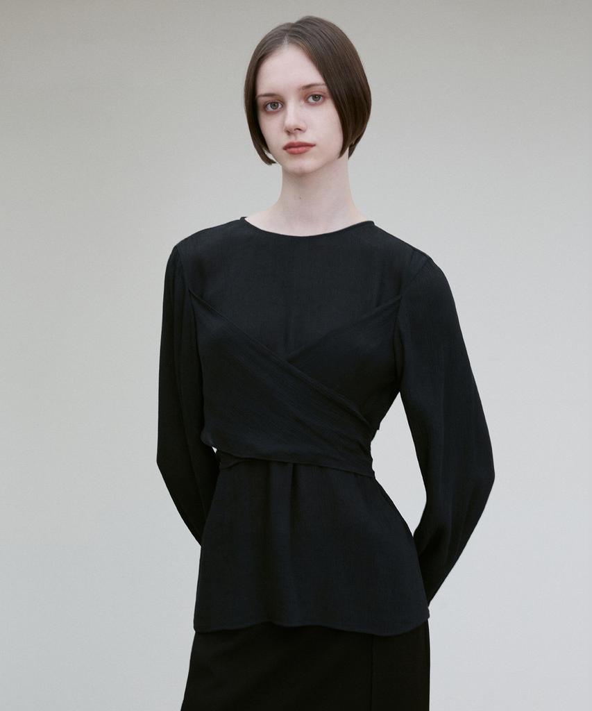 RE RHEE Pleated Wrap-Around Blouse Black