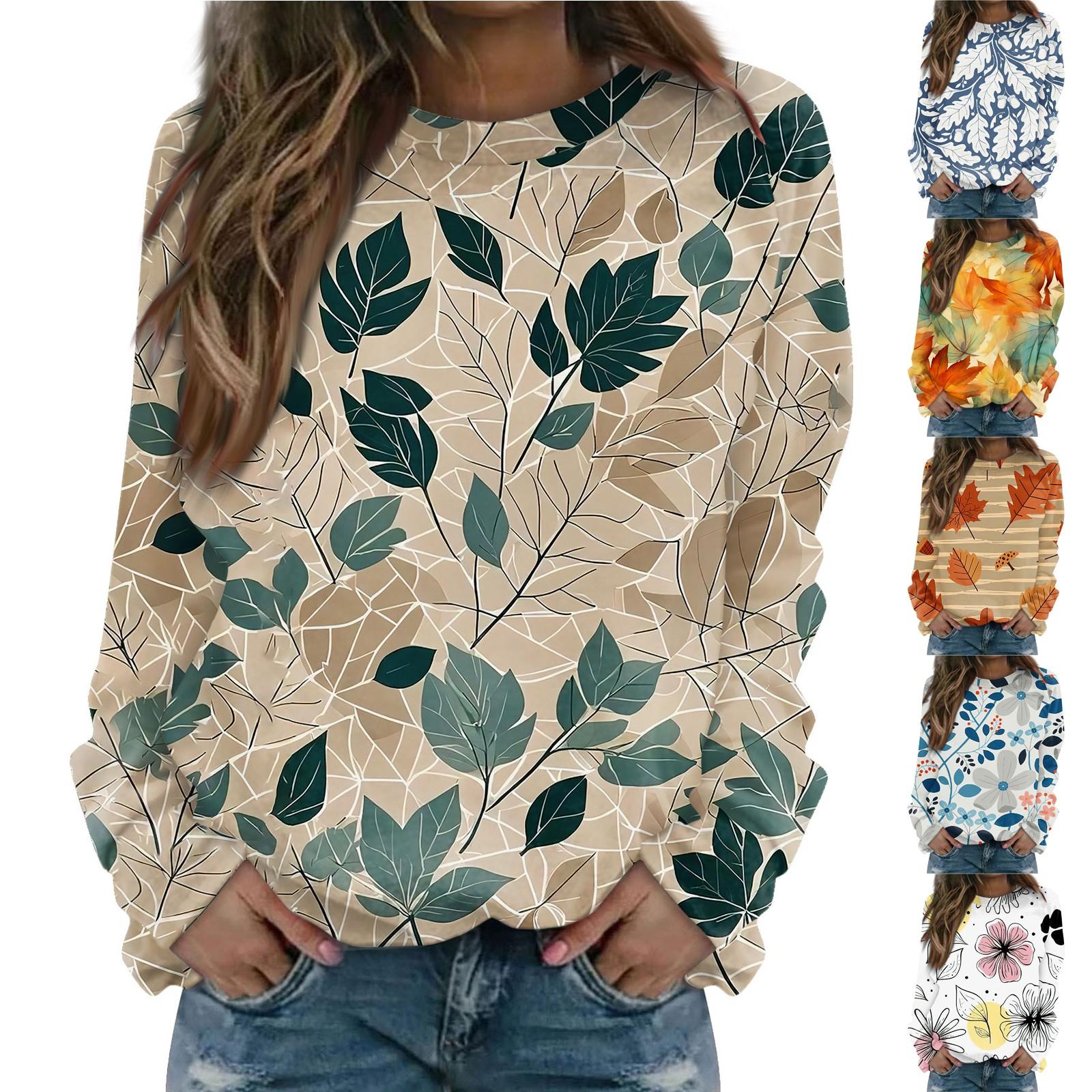 

Women s Fashion Casual Long Sleeve Defoliation Print Round Neck Top