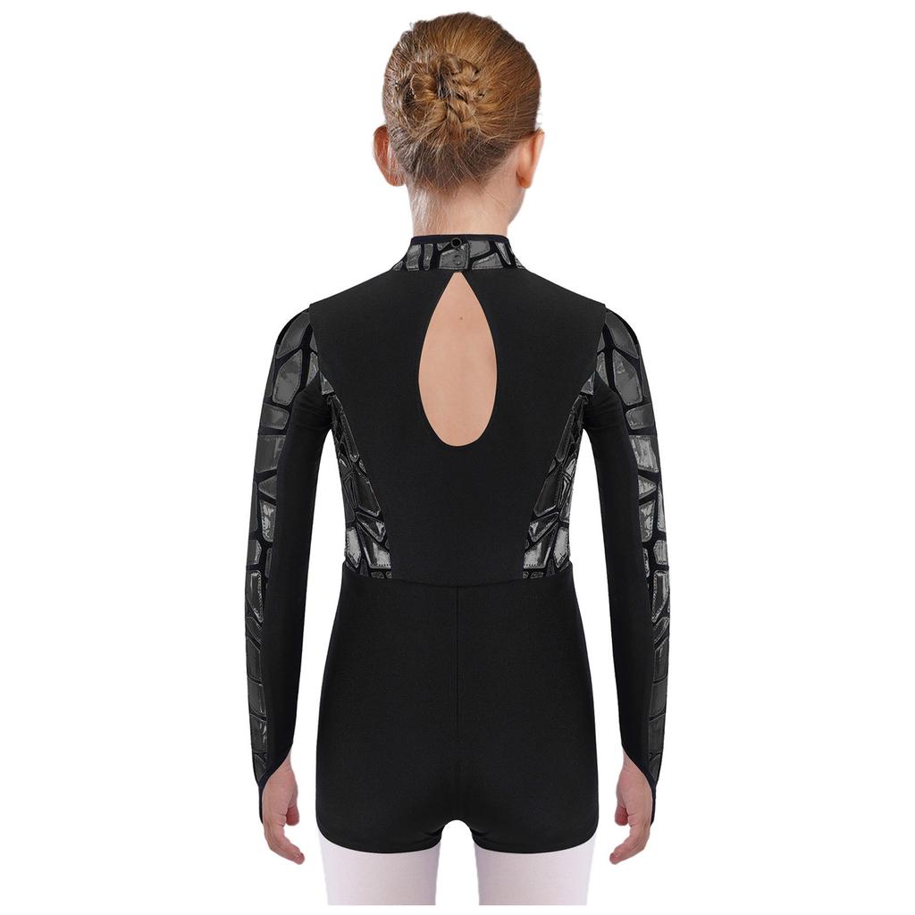 Sparkling Metallic Sequin Jumpsuit for Girls: Mock Neck Long Sleeve Keyhole Back Bodysuit for Gymnastics & Dance Shows