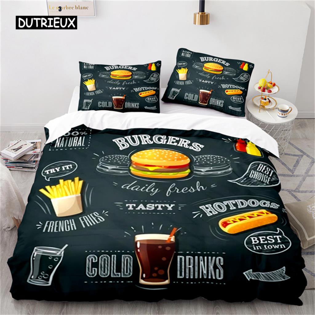 Duvet Cover Gourmet Food Burger Bedding Set Hot Dog French Fries Comforter Cover Microfiber Quilt Cover King Size Bedroom Decor