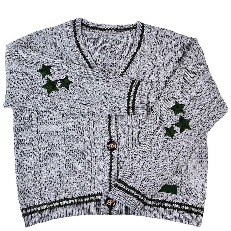 

Ribbed Knit Cardigan Sweater with Embroidery - Autumn Solid Color Long Sleeve Women s Coat XL сірий колір