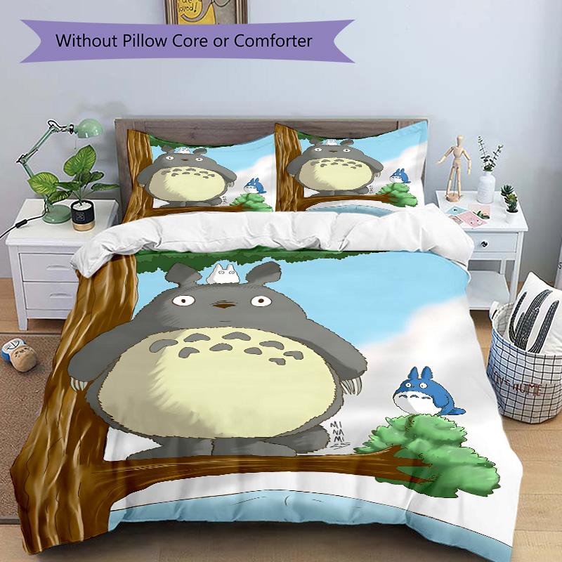 Totoro Freunde Wald Print 3-teiliges Bettwäsche-Set Bettbezug mit 2 Kissenbezügen Zuhause Geburtstagsgeschenk