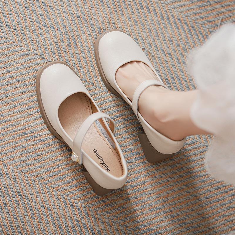 Genuine Leather Women High Heel Shoes Mary Jane  Chunky Heeled Shoes Women Spring Luxury Party Wedding Ladies Shoes