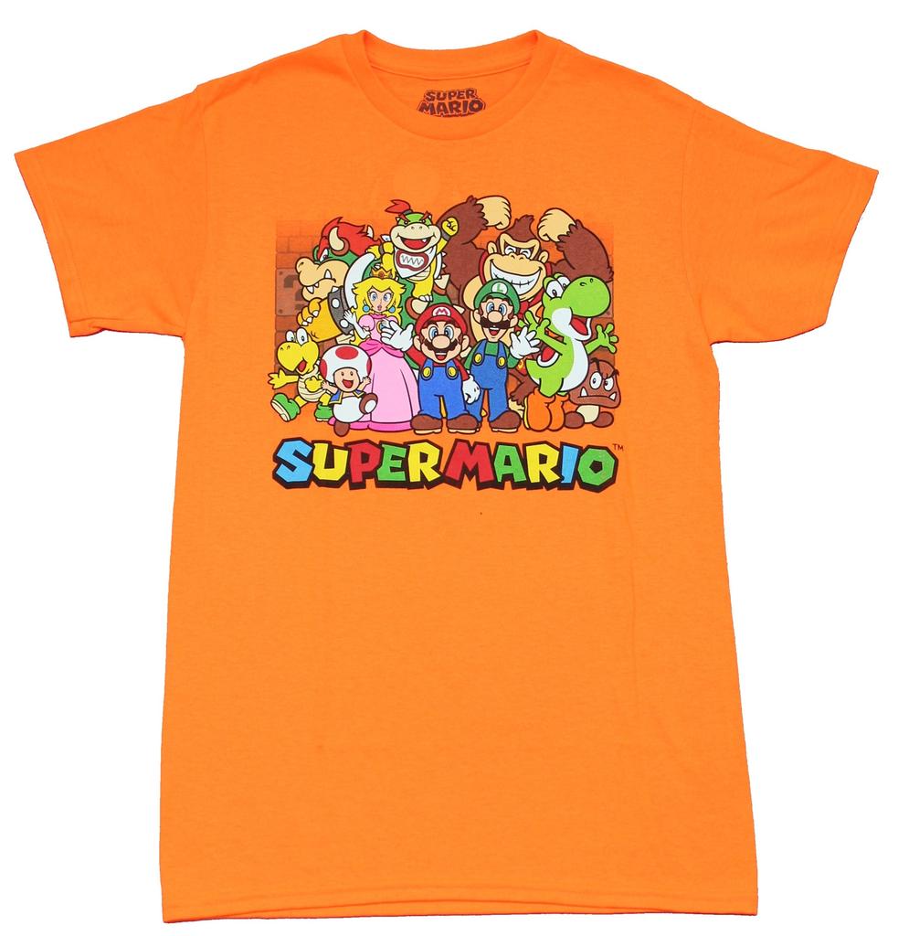 Super Mario Brothers Adult New T-Shirt - Giant Character Group Over Colorful