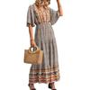 Women Summer Bohemian Maxi Dress Ethnic Patchwork A-line Printing V Neck Short Sleeves Elastic Waist Pleated Vacation Beach Dress