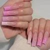 24Pcs Simple French Press On Nails Long Square Sweet Cute Fake Nails With Glitter Diamond Stick On Nail