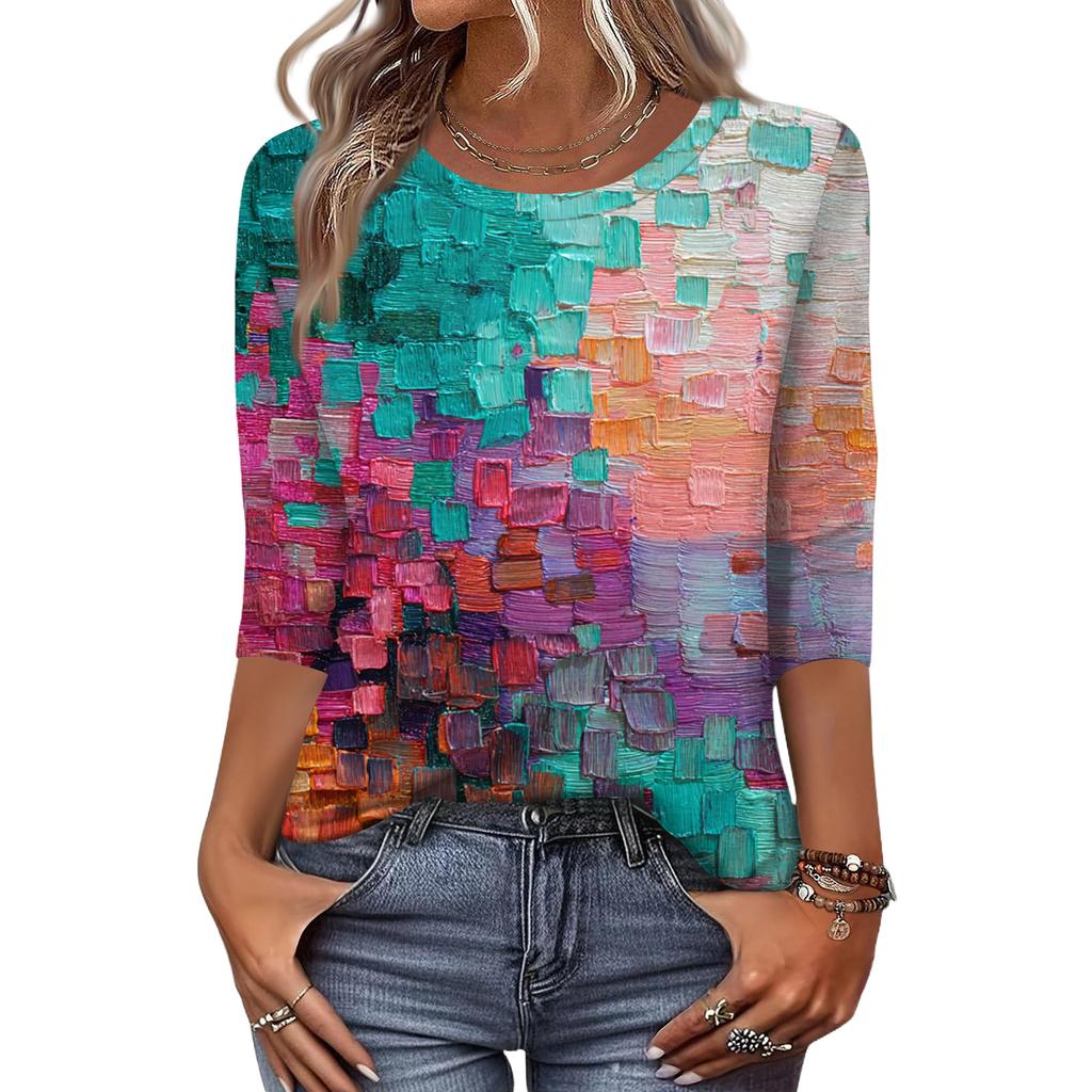 Mote Casual Rund Hals 3/4 Erme Løs Trykket T-skjorte Dame Topp