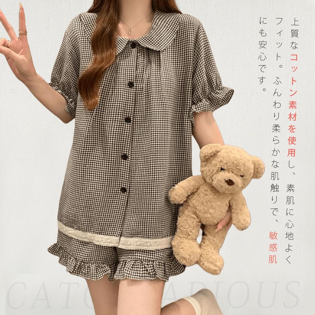 Catorfarious Summer Short Open Cherry Top and Bottom Breathable Women's Pajamas, Sleeves, Front, Shorts, 100% Cotton, Pattern, Skin-Friendly,