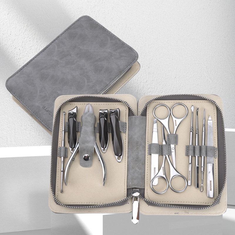 German Precision 12-Piece Stainless Steel Nail Clipper & Manicure Set - High-Quality Grey Glossy Finish