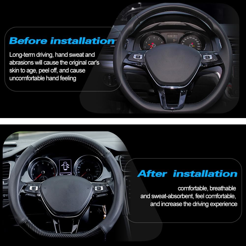 Car Carbon Fiber And Leather D-Shape Steering Wheel Cover, Stylish Car Non-Slip Leather Car Interior 15 Inches Universal Black