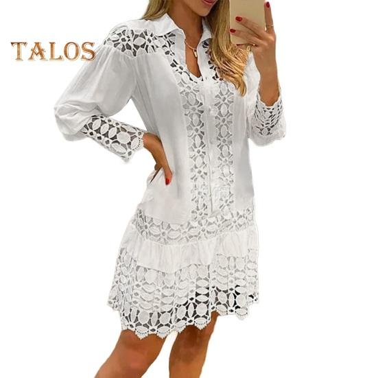 Dámské košilové šaty s klopou, dlouhým rukávem, designem s dutým krajkovým prošíváním, mini šaty se šněrováním, jednobarevné, ležérní letní šaty