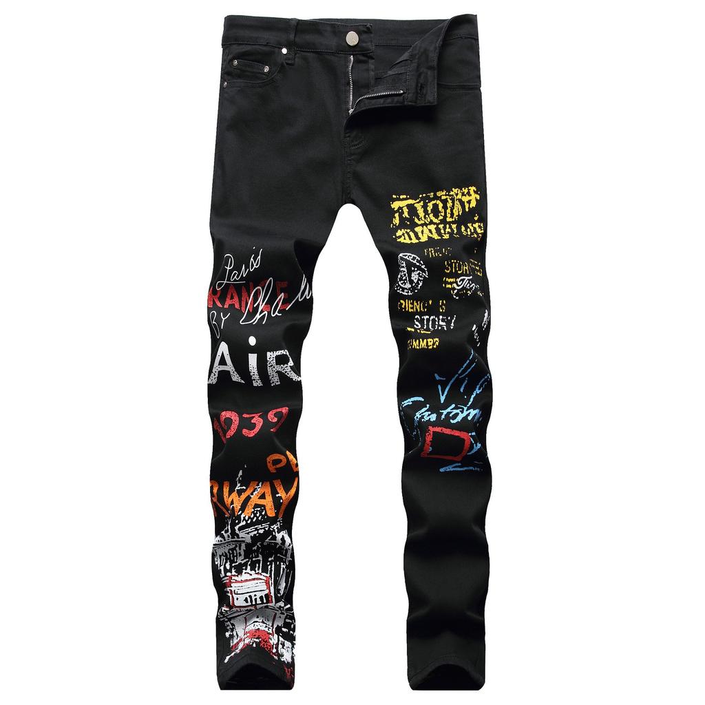 Abbigliamento Uomo Trendy Transfrontaliero Stazione Europea Jeans Neri Elasticizzati Slim Fit Strappati Pantaloni a Gamba Piccola Uomo Sottili