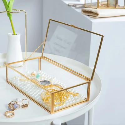 Jewelry Display Case Vintage Golden Edge Glass Box With Lid Rectangular Glass Box