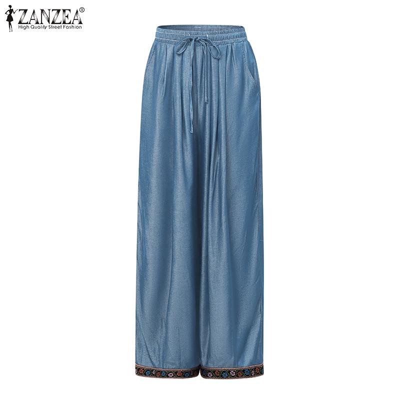 

ZANZEA Женские повседневные свободные брюки с кулиской, эластичной талией, вышивкой по подолу, длинные 2XL светло-синий