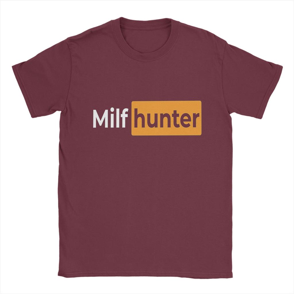 Cool Or Funny Men's T Shirts   Milf hunter Sticker Novelty Tees Short Sleeve O Neck T-Shirts Pure Cotton Gift Idea Clothing