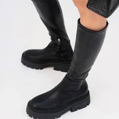 Mode Mode Schwarz Schlankmachende Stiefel Dicke Absätze Kniehohe Stiefel für Damen Punk-Stil Herbst Klobige Plateau-Stiefel Damen Partyschuhe
