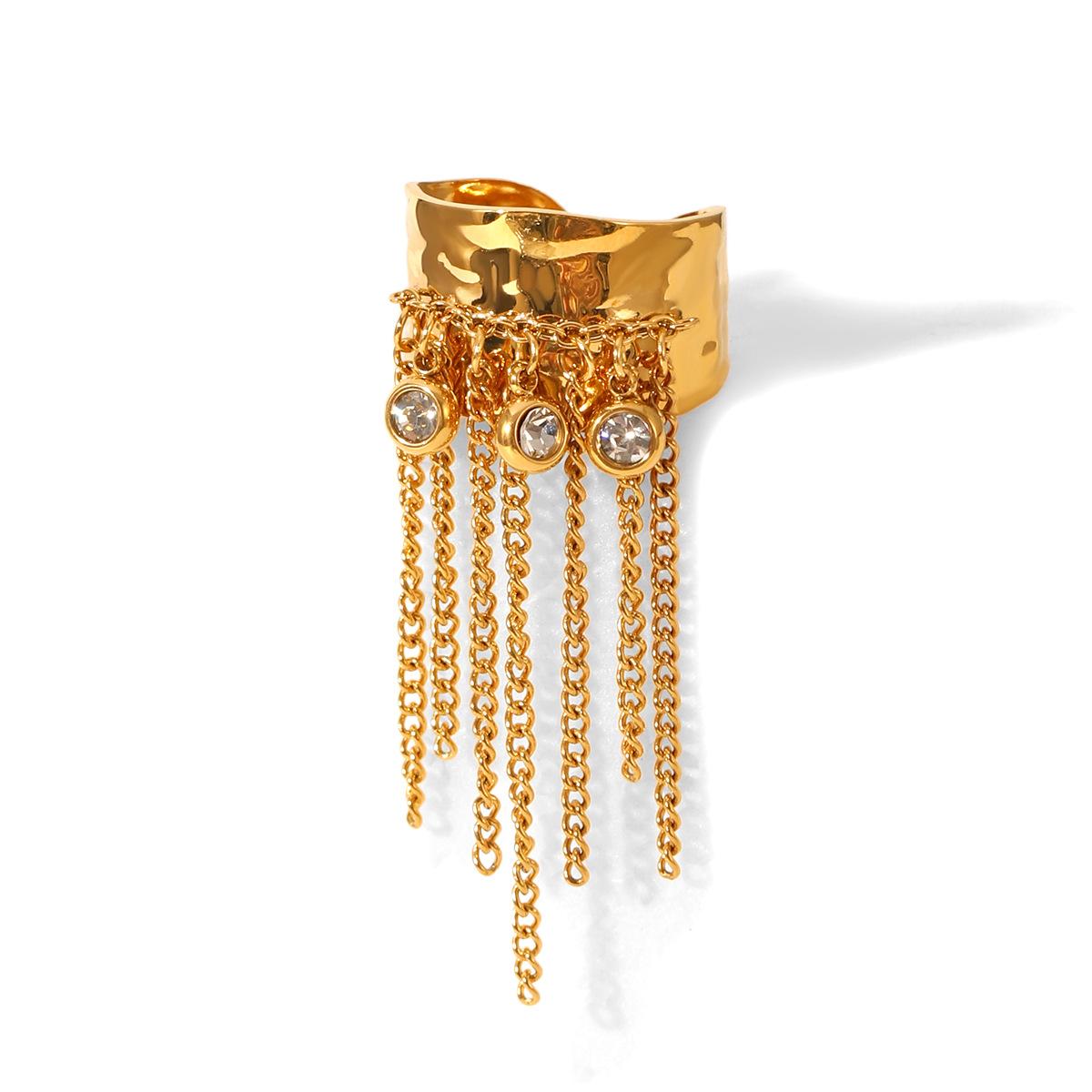 18K Gold Plated Imitation Pearl Zircon Tassel Chain Wide Open Ring for Women Stainless Steel Fashion Jewelry Gifts Accessories