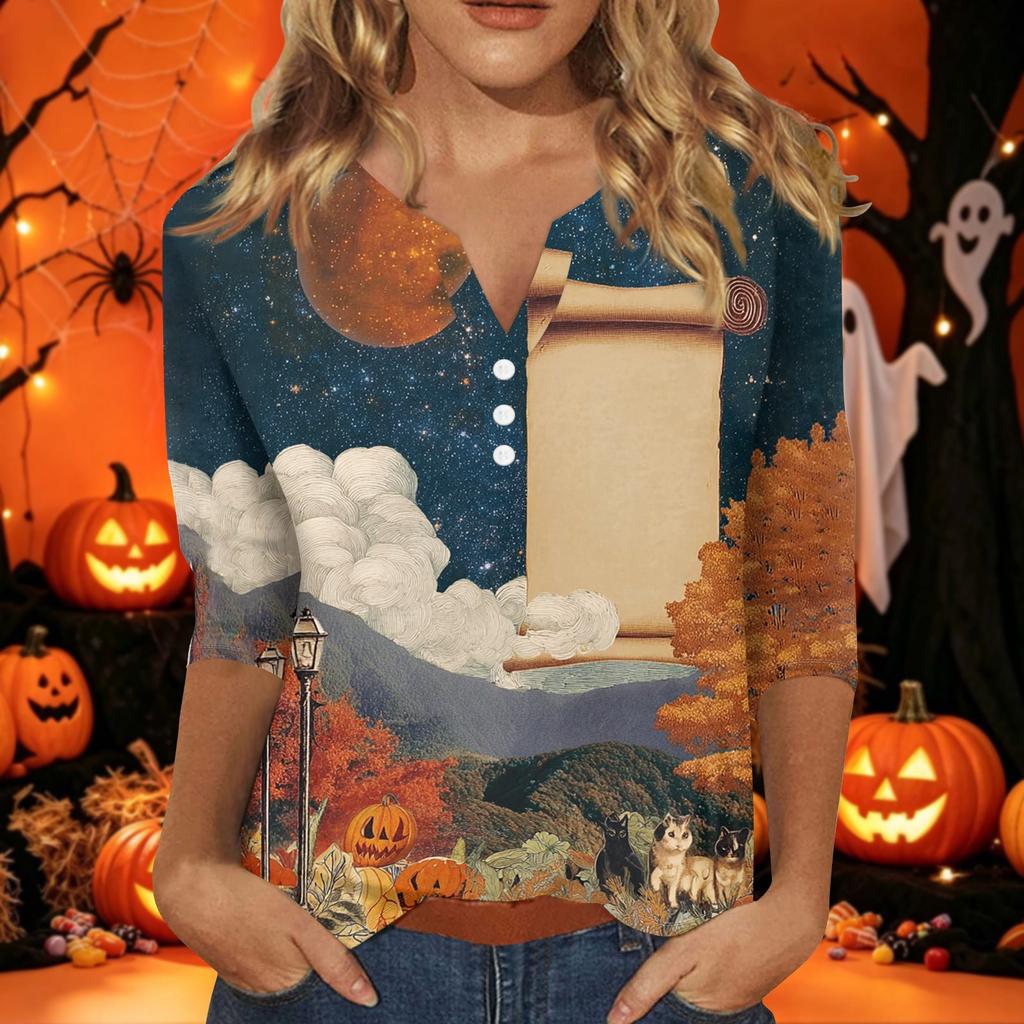 Women's Halloween Print V-Neck Short Sleeve T-Shirt with Decorative Buttons for Casual Fall Outfits