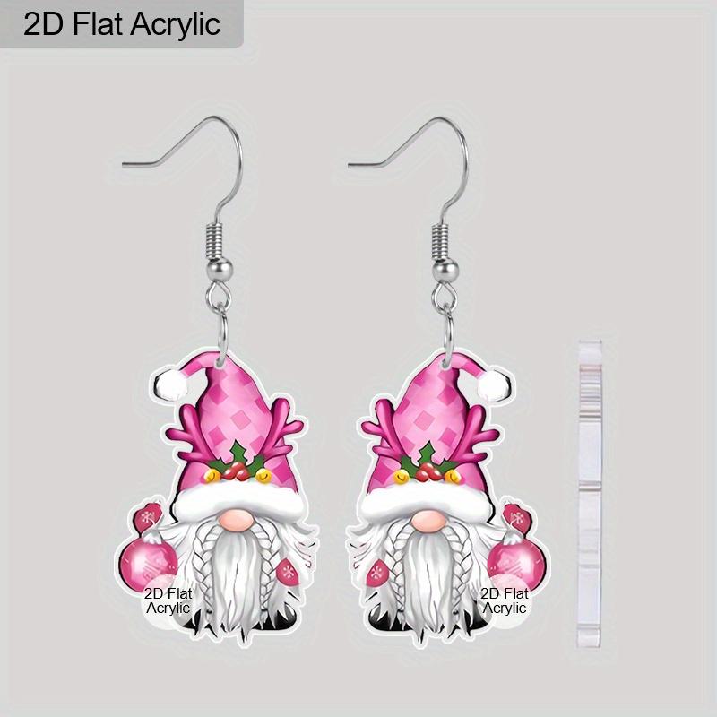 2D Flat Acrylic Cute Christmas Pink Gnome Dangle Earrings, Suitable As A Holiday Gift for Women, Holiday Party Decoration Jewelry.