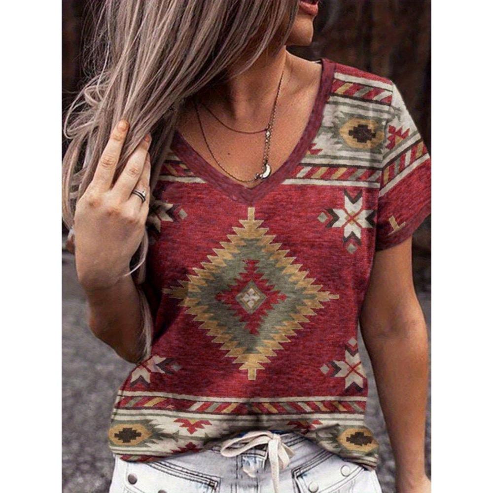 

Vintage Geometric-Patterned Women S T-Shirt | V-Neck, Short Sleeve, High Stretch Fabric, Summer Casual Wear S