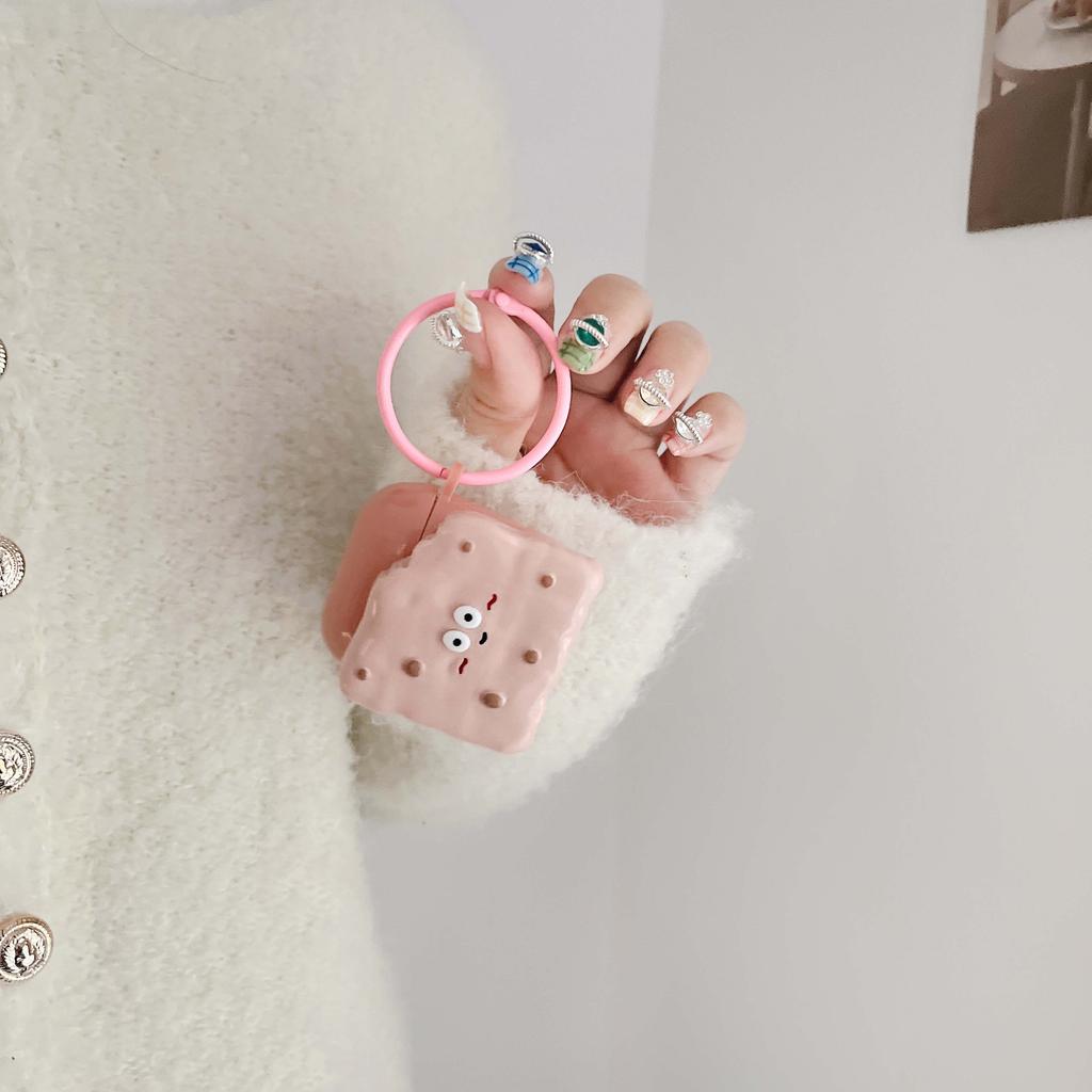 Ins Pink Biscuit Cartoon 3d Relif Round Keychain Earphone Case For Apple Airpod 2 3 Pro 2nd 1 Wireless Bluetooth Charging Box