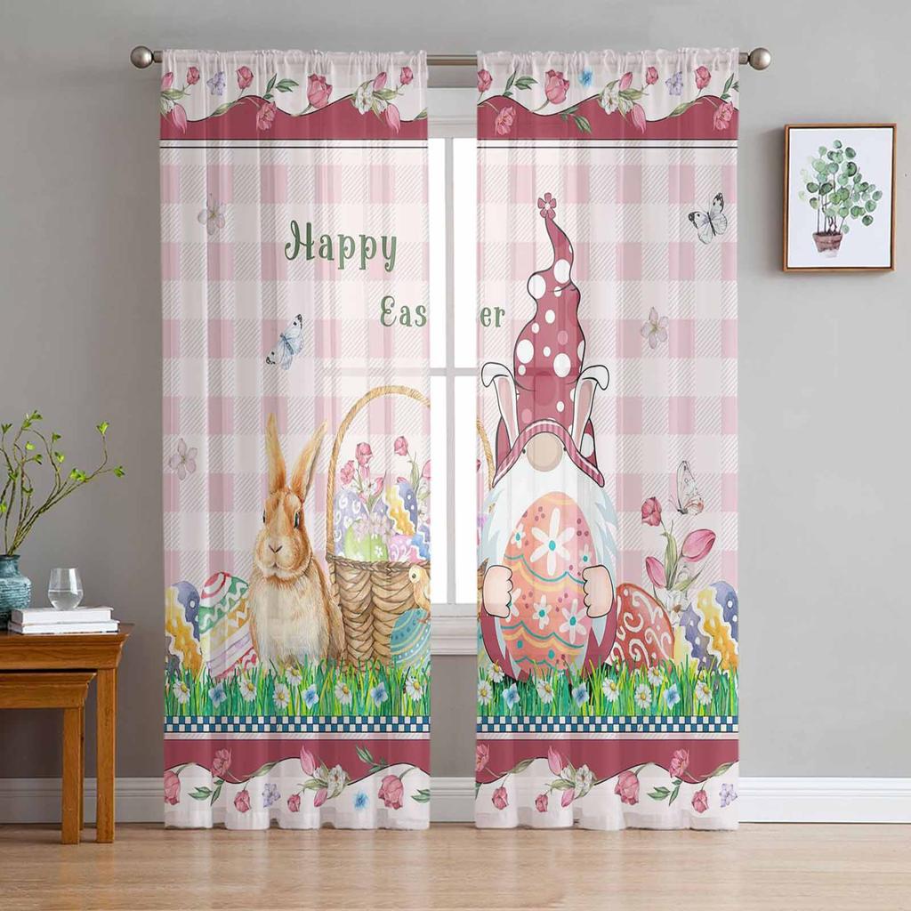 Easter Retro Farm Style Bunny Sheer Curtains for Bedroom Living Room Festival Decor Cute Rabbit Kitchen Window Tulle Curtain