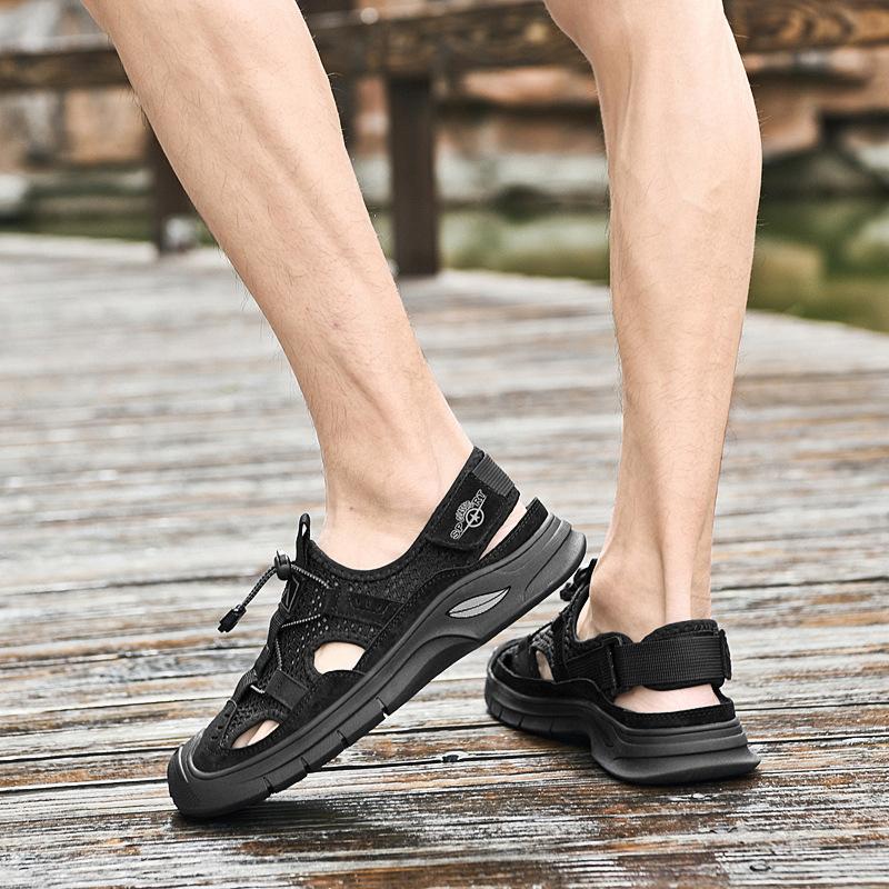 Summer New Mesh Hole Beach Shoes Men's Casual Outer Wear Hollow Breathable Leather Outdoor Sports Sandals