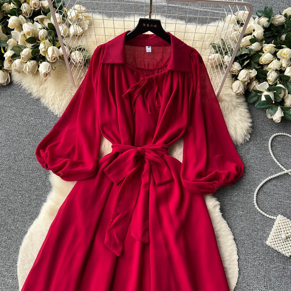 Francouzské šik Maxi šaty pro ženy Sklopný límec Lucerna Rukáv Šněrovací Dámské letní šaty Dámské Vestidos Dropship