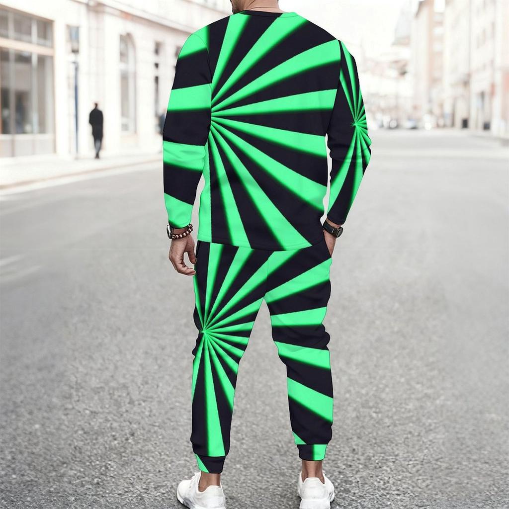 Men Retro Mosaic Hexagon Marble Texture Print Long Sleeve Sweatshirt Jogger Pants Two Piece Suit