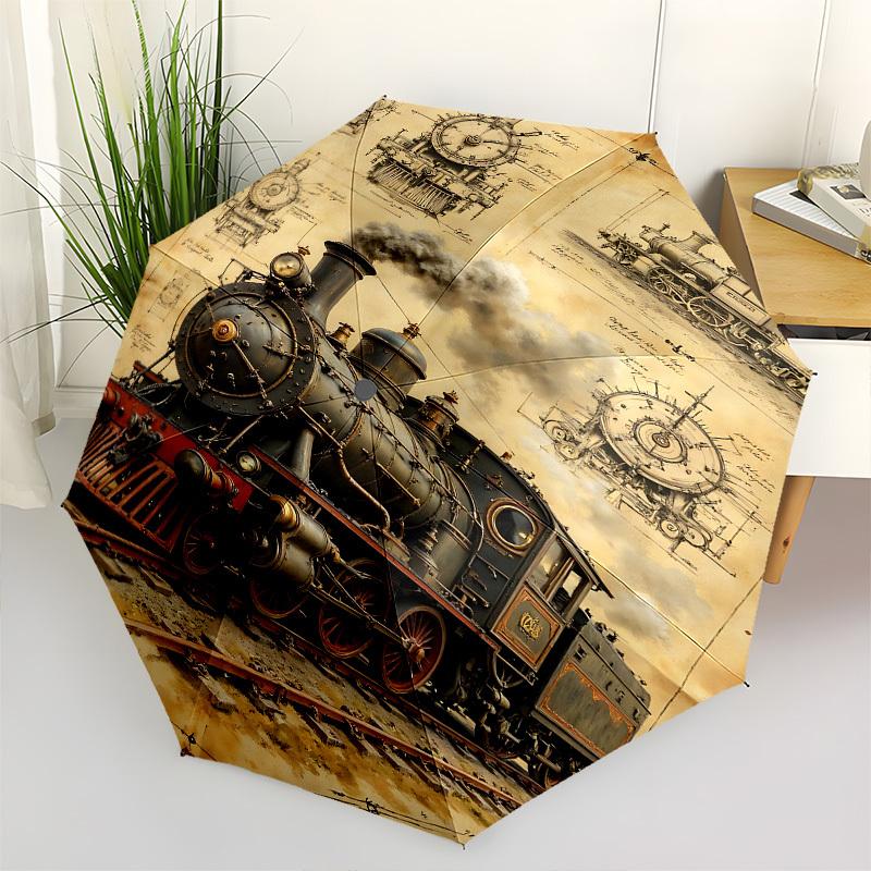 

Steam locomotive, Vintage illustration Themed Automatic Opening and Closing Umbrella, Brightly Colored 8-rib Portable Umbrella, Suitable for