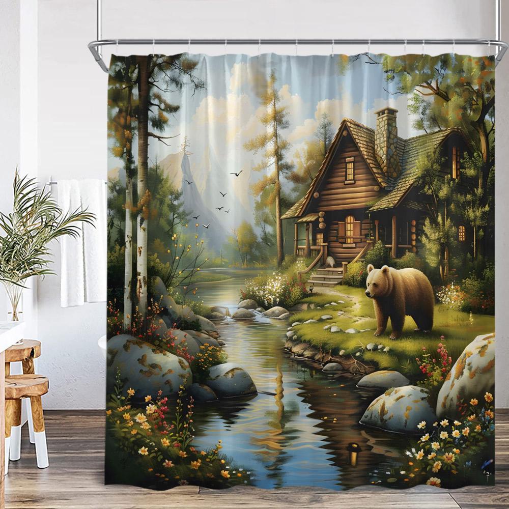 Funny Bear Vintage Shower Curtain Bathing Brown Bear Countryside Cabin Wild Animal Retro Bathroom Decor Polyester Bath Curtain