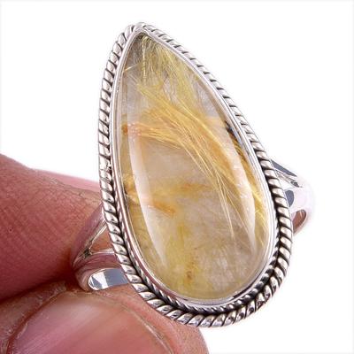 Natural Golden Rutile Gemstone Handmade 925 Solid Silver Jewelry Ring S.8 N7I40