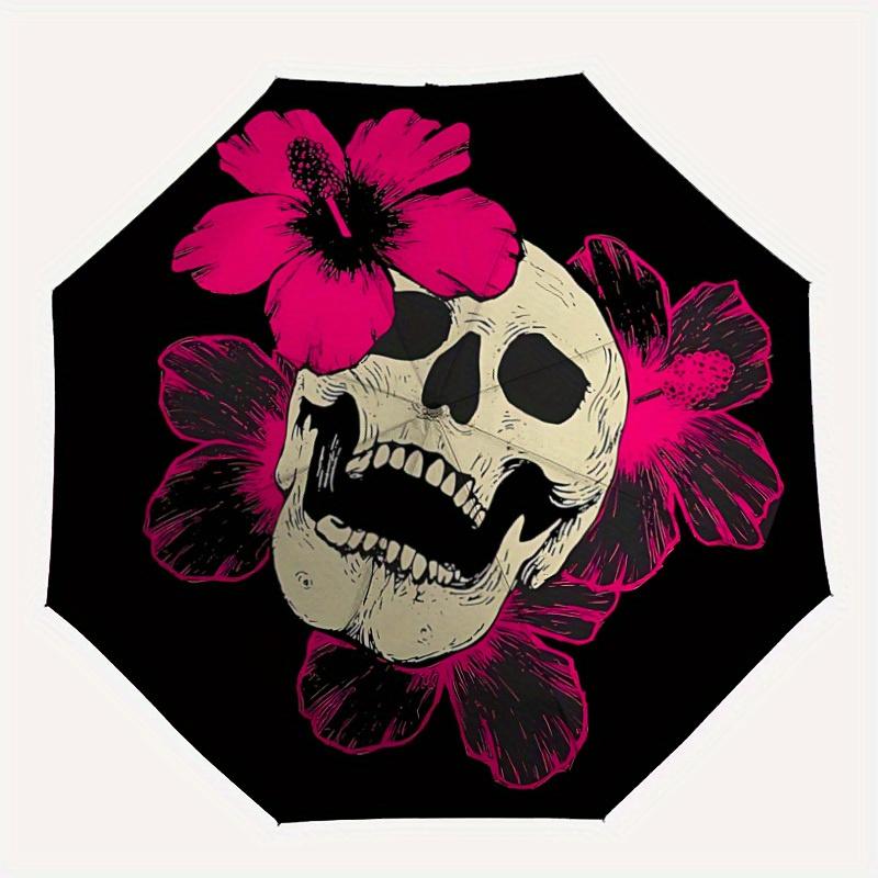 1pc Skull Flowers Automatic Folding Umbrella, 8-Rib Sturdy Canopy, Portable Travel Umbrella for Outdoor Use