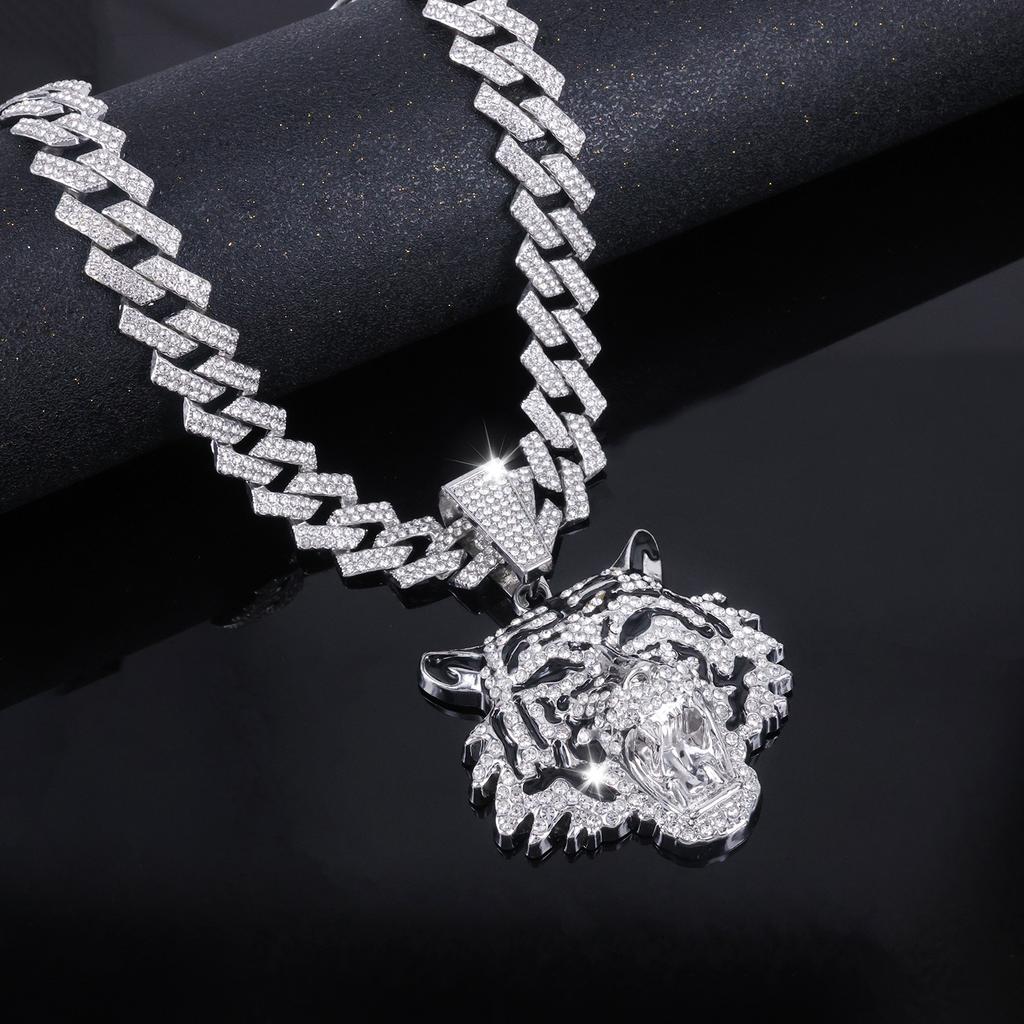 European American Cool 3D Full Rhinestone New Enamel Tiger Head Pendant, Trendsetter Personalized Men Hip Hop Necklace