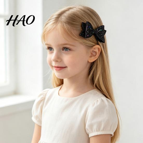 Glitter Bow Hair Clips for Girls 2Pcs Solid Color Clip Girls, Double Layer Sparkling Decorative Toddlers Hairpin, Accessory with Non-Slip Grip