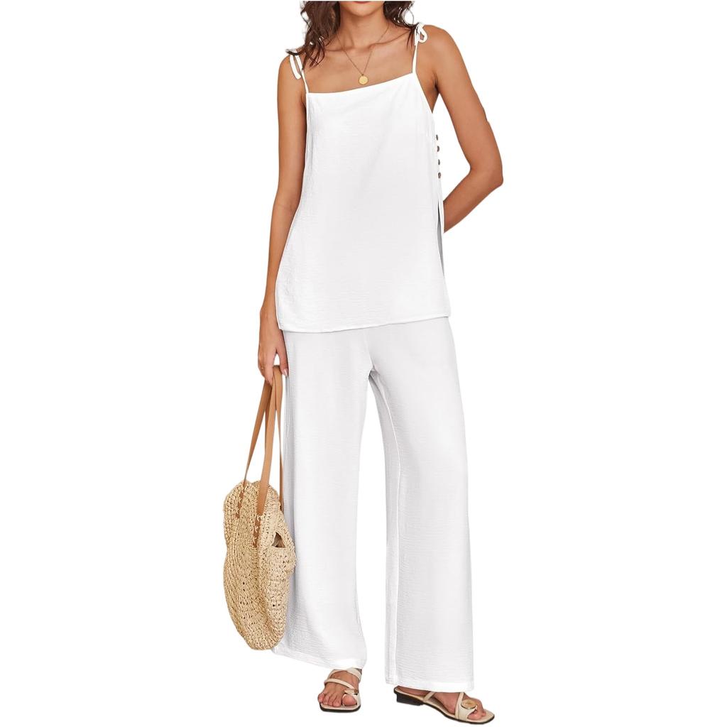 Women's Casual Summer Cotton And Linen Fashion Thin Shoulder Strap Vest Pants Set
