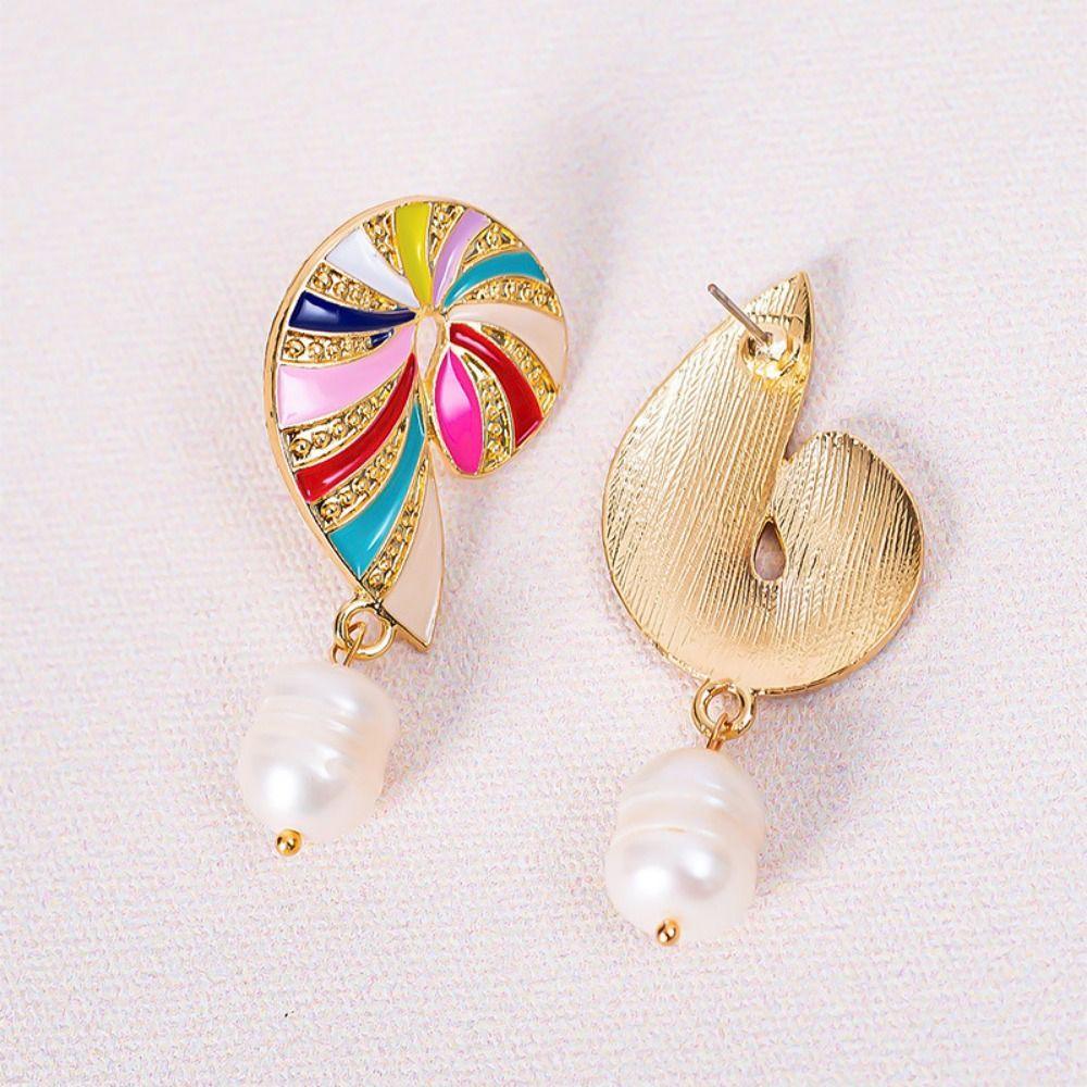 Drip Oil Conch Earrings Conch Color Geometric Drop Earrings Vintage Pearl Conch Earrings  Women