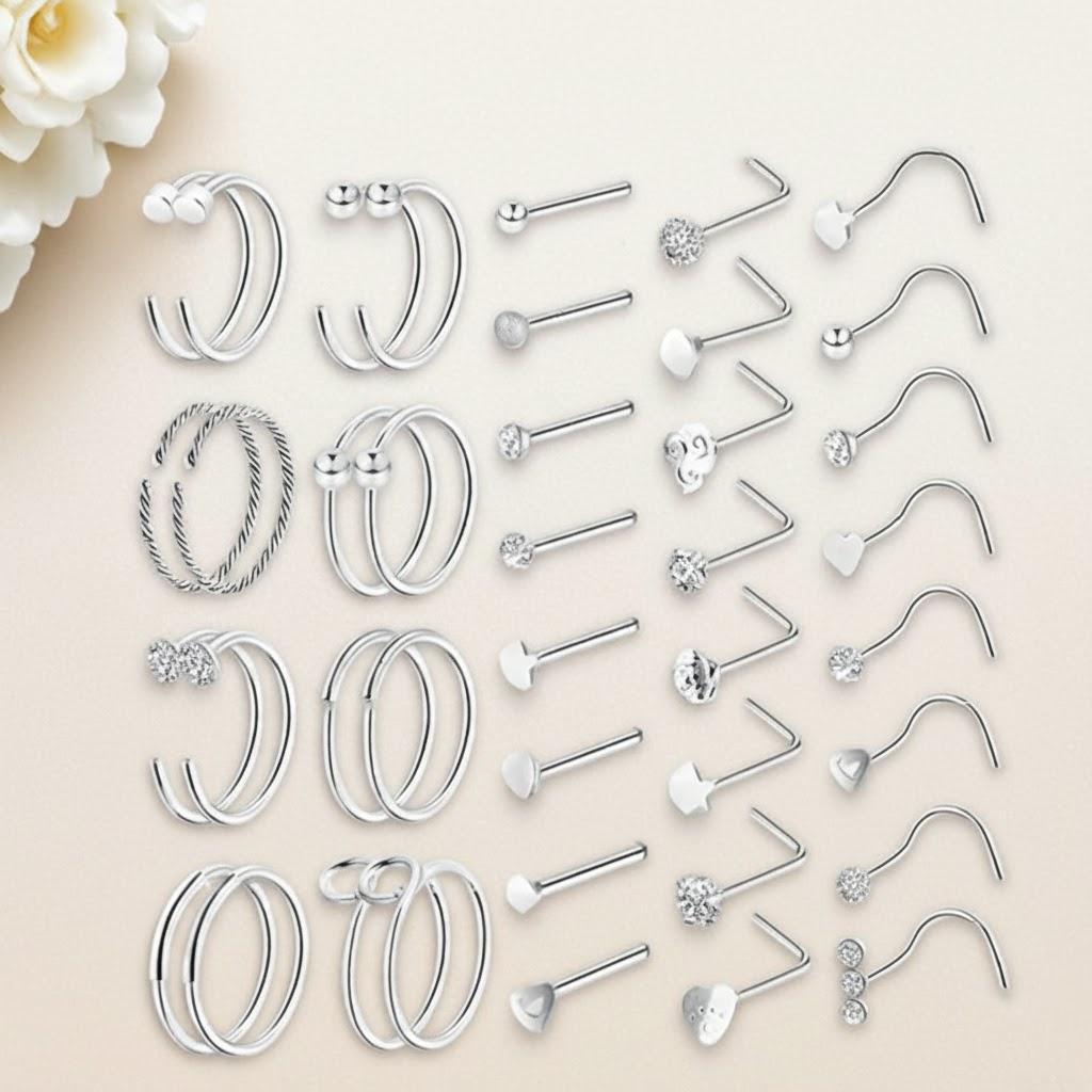 

40Pcs 316L Stainless Steel Clip on Nose Rings Studs Fake Faux Hoop Body Jewelry Accessories