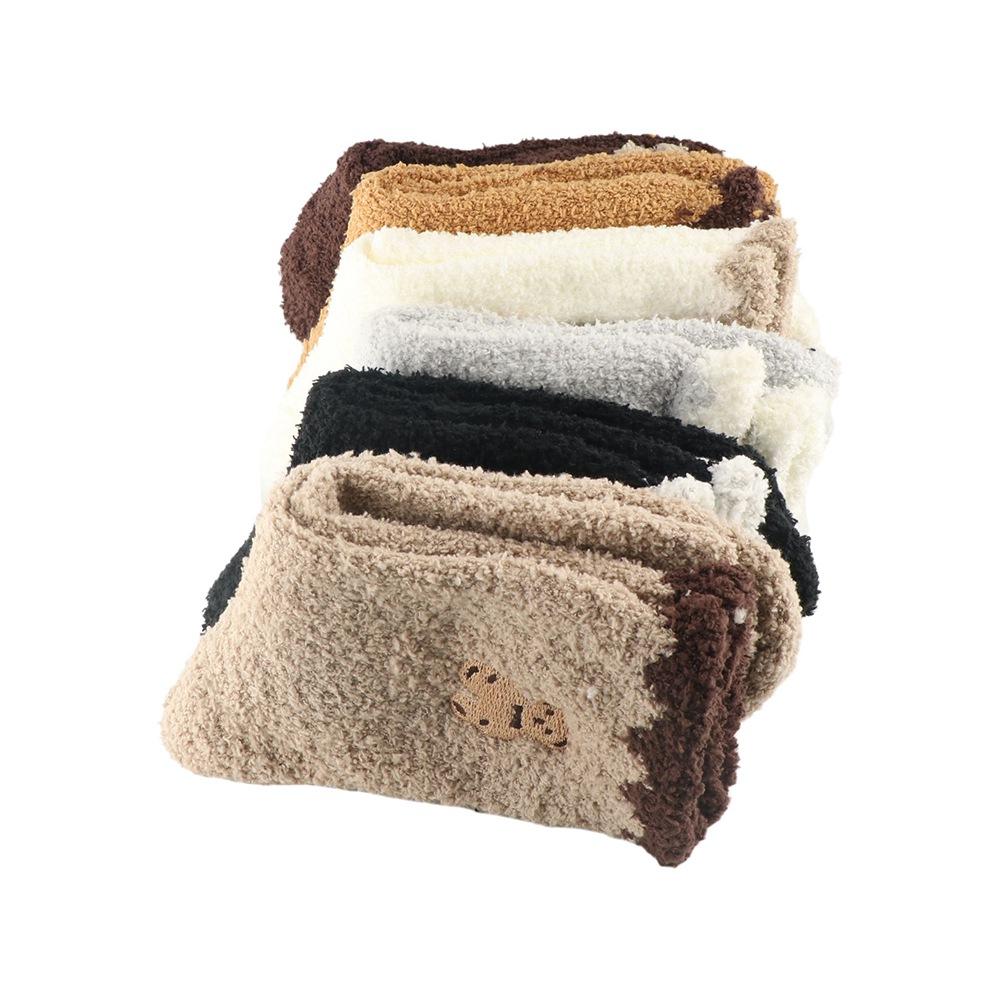 Solid Color Embroidery Bear Girls Mid-tube Socks Female Hosiery Coral Fleece Socks Cute Floor Socks