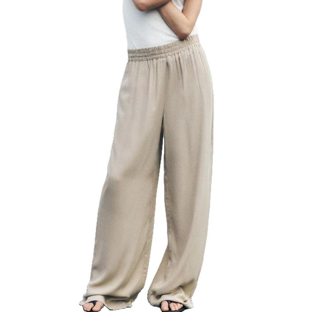 Wiosenne Damskie Spodnie z Jedwabnego Satynu z Elastycznym Pasem i Szerokimi Nogawkami - Stylowe i Wyszczuplające