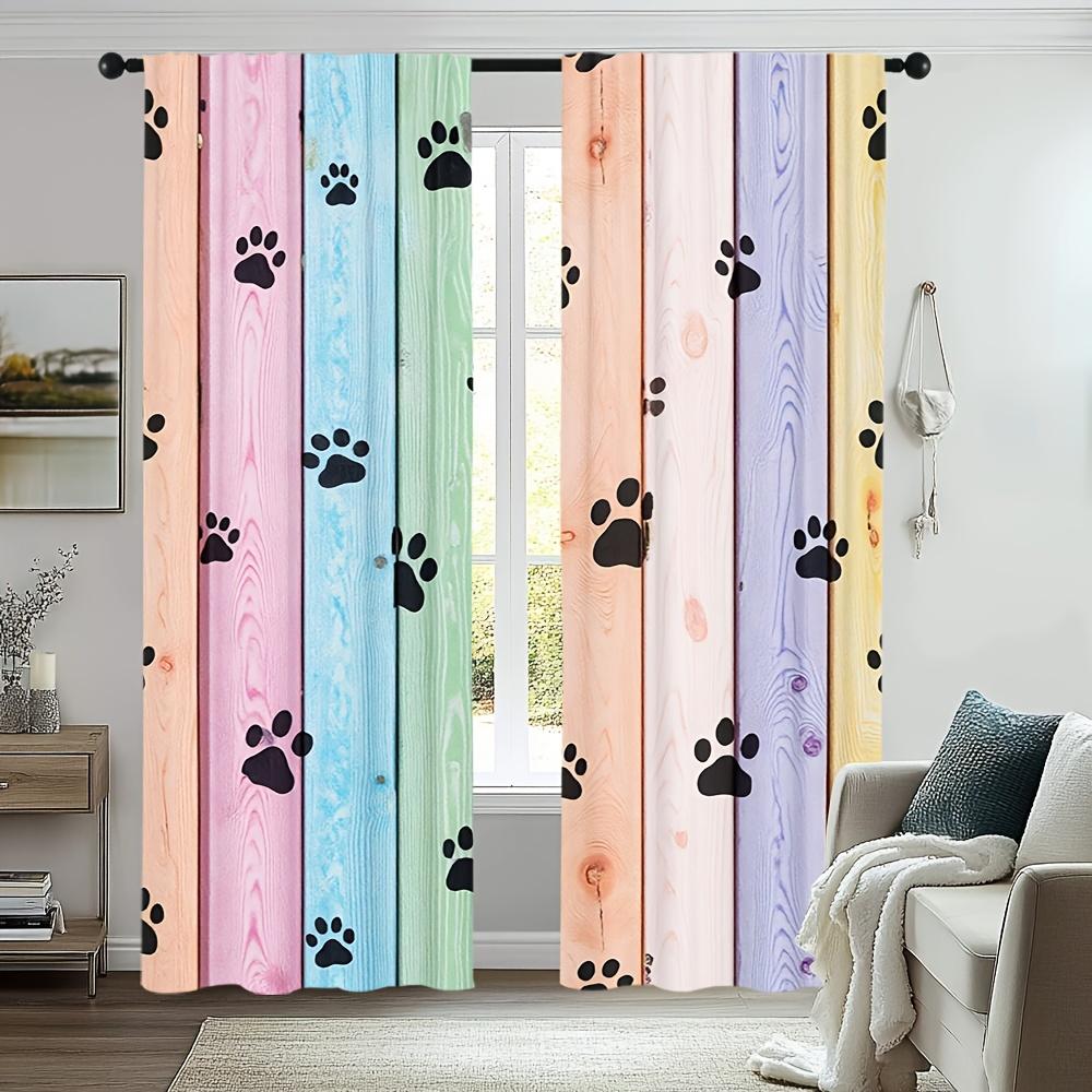 Rainbow Wood Curtains 2pcs – Dog Paw Prints on Pastel Planks, Whimsical Window Decor for Pet Lovers and Children’s Rooms