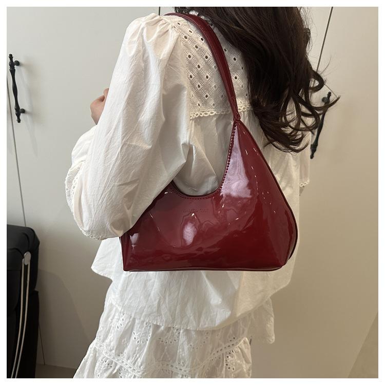 Glossy Faux Leather Crescent Bag for Women Fashionable Handheld Shoulder Purse Trendy Daily Clutch