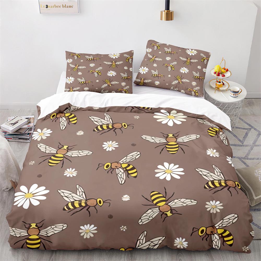 Bee Duvet Cover Set Watercolour Painting Cartoon Cute Wildlife Comforter Cover King Queen for Kids Girl Polyester Bedding Set